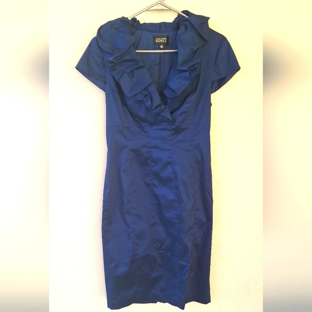 Adrianna Papell Navy Blue Metallic Taffeta Ruffle Neck Women's Dress Size 10 - Picture 2 of 9